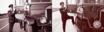 Here's another 'then and now' shot. WHOTT has a photograph in its extensive archive which showed Conductor Wooldridge climbing into the cab of Exeter Corporation's Maudslay ML3 (FJ6154) while learning to be a driver. The photo on the right is me with the same bus about 80 years later. Photo (right) by Robert Crawley.